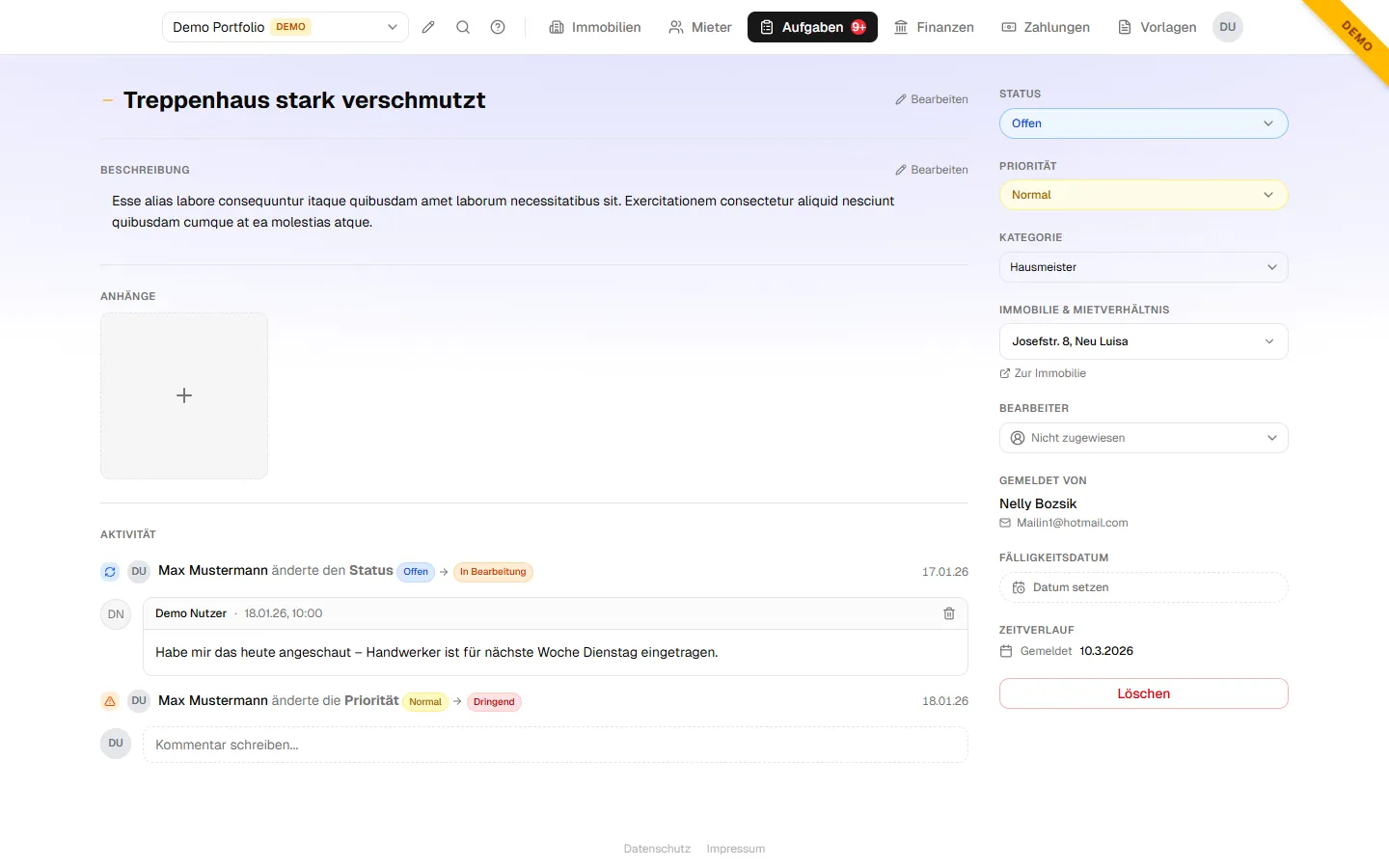 Die Detailseite einer Aufgabe