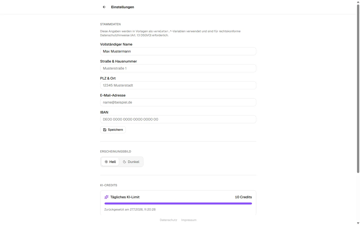 Einstellungen — Stammdaten, Erscheinungsbild, KI-Credits