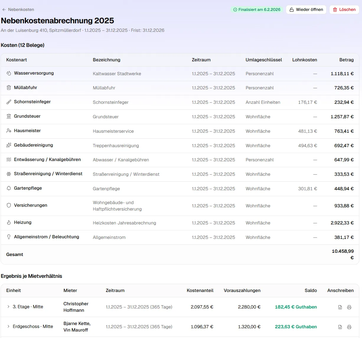 Die fertige Nebenkostenabrechnung mit Kostenaufstellung und Ergebnis je Mietverhältnis