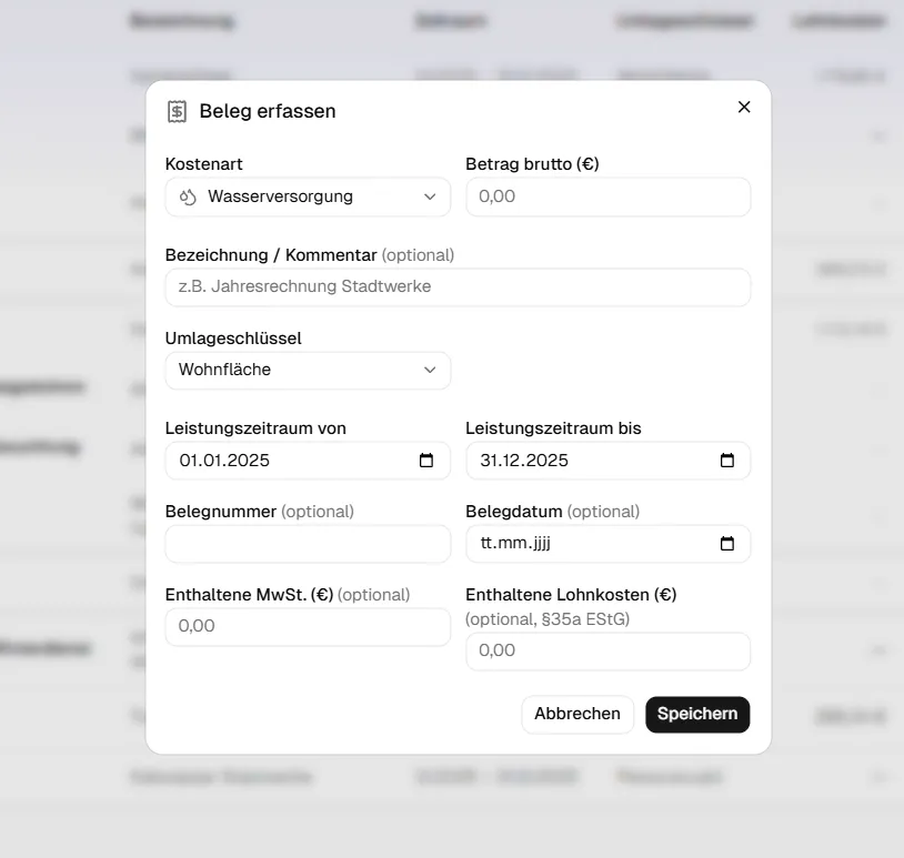 Der Dialog „Beleg erfassen" mit Kostenart, Umlageschlüssel, Leistungszeitraum und Lohnkosten nach § 35a EStG
