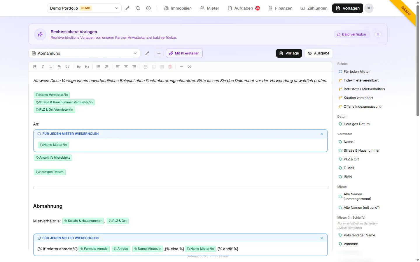 Der Vorlagen-Editor in verwaltet.ai